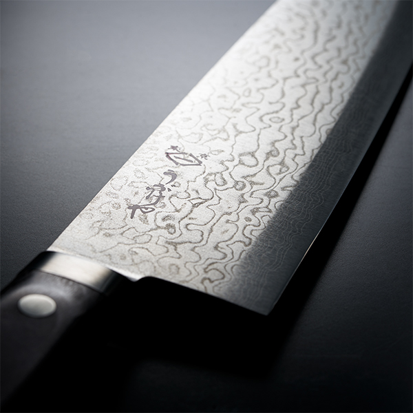 Damascus Gyuto - with brim, rust-resistant, Super Gold 2, total length 31cm, chef's knife, fish, meat, Ubukeya, gift, souvenir